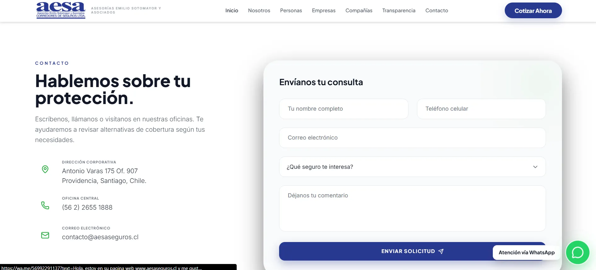 Captura del área de contacto y formulario de consulta de AESA Seguros
