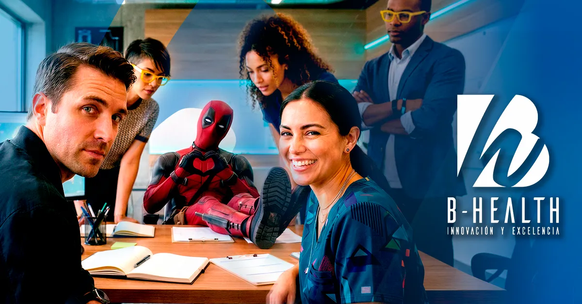 Pieza B-Health con un equipo reunido alrededor de una mesa y la identidad de la compañía.