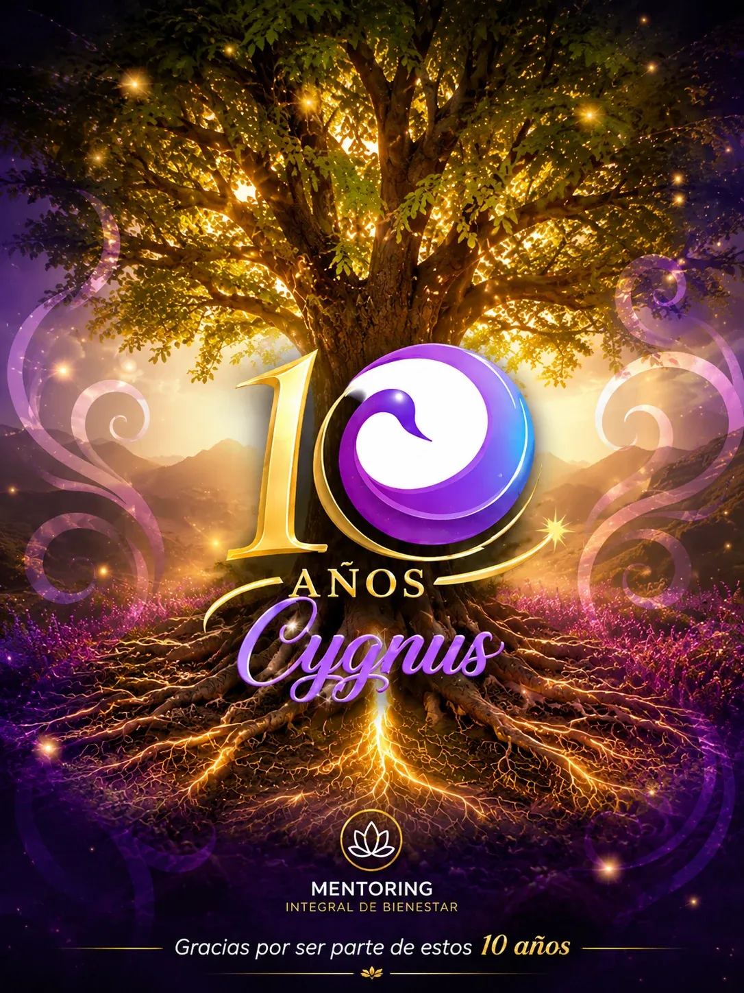 Pieza editorial del décimo aniversario de Cygnus con un árbol luminoso y el mensaje de agradecimiento a su comunidad.