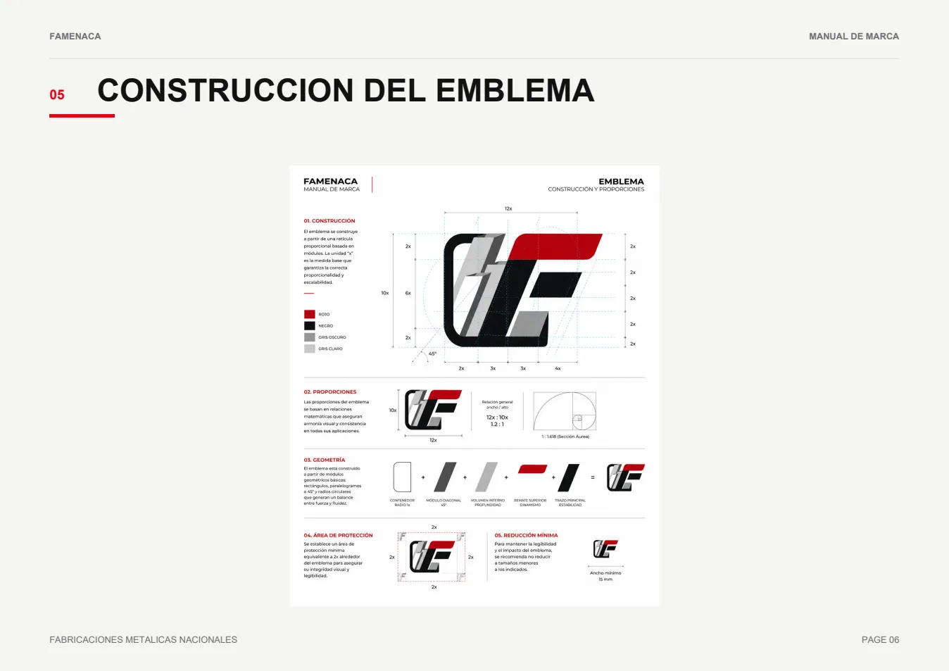 Lámina técnica de construcción del emblema FAMENACA con retícula, proporciones, geometría, área de protección y reducción mínima.